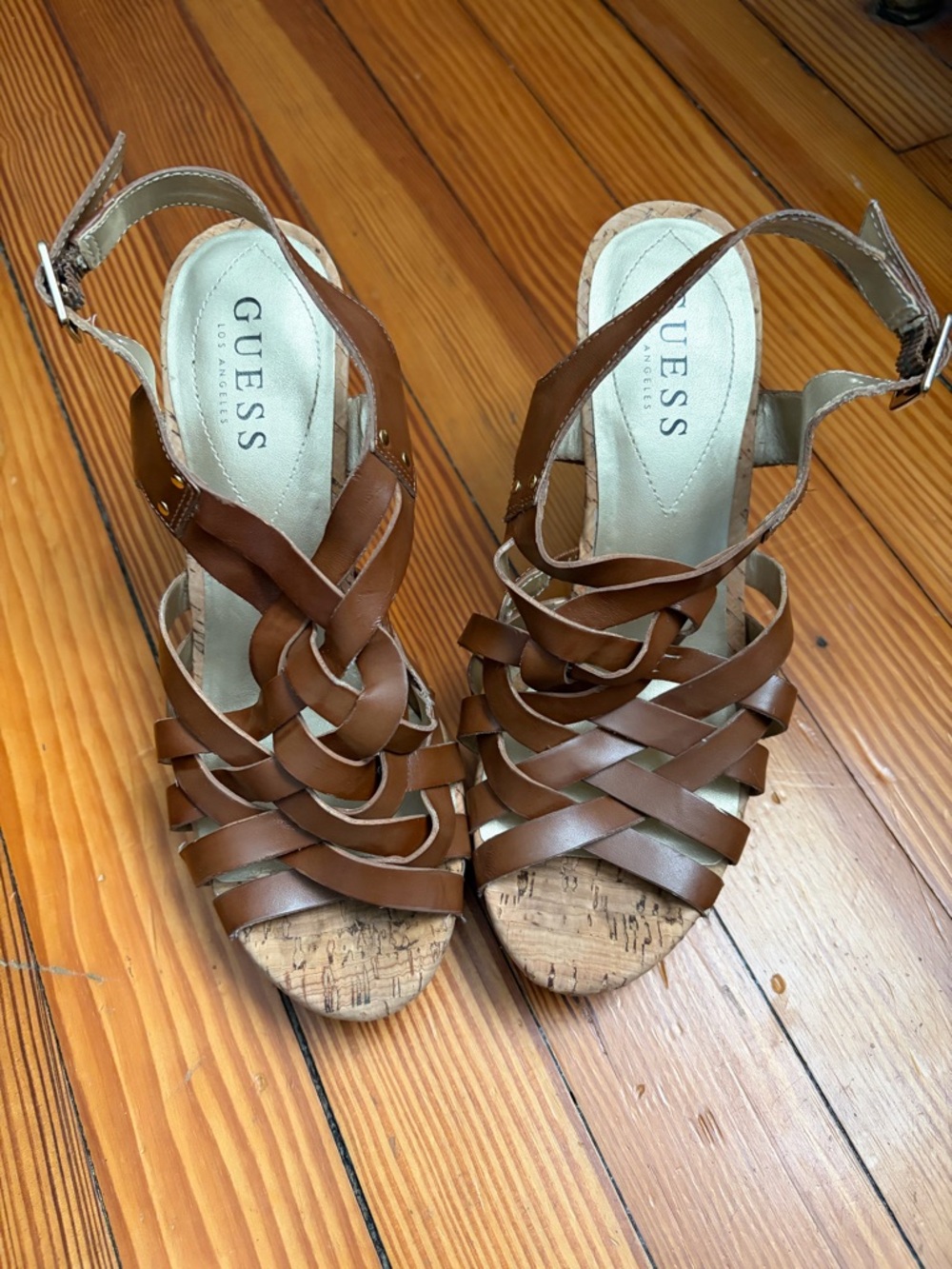 GUESS Tan Braided Leather Cork Wedge Sandals